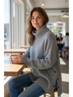 ELLOS Gray Oversized Wool Button Accent Tunic Turtleneck Sweater Ladies Medium